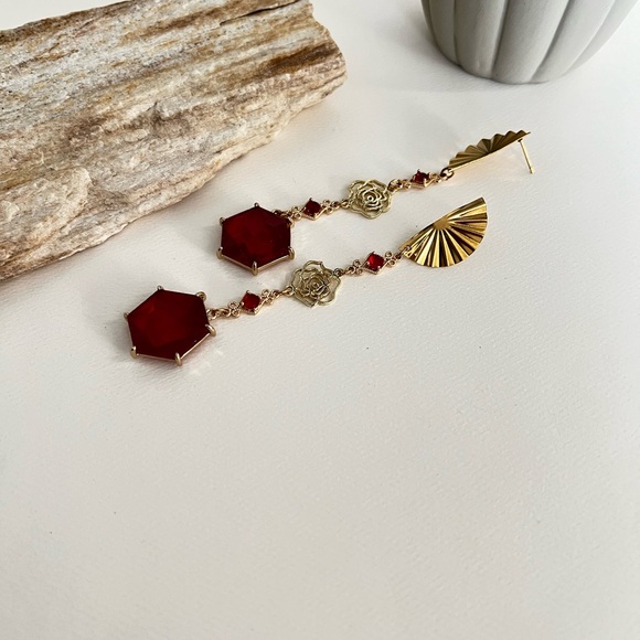 Elegant Art Deco-Inspired  Dangle Statement Earrings- Red & Roses Drop Earrings - Picture 11 of 14